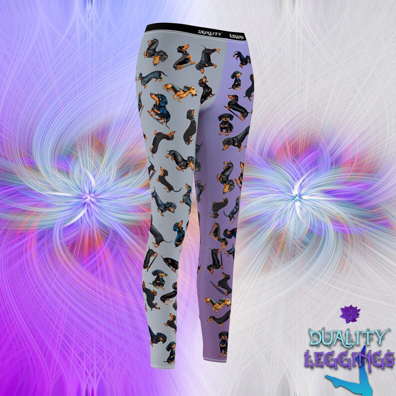 Front side view of Duality Leggings with dachshunds illustrations.
The left leg has lilac background, the right leg has grey background.