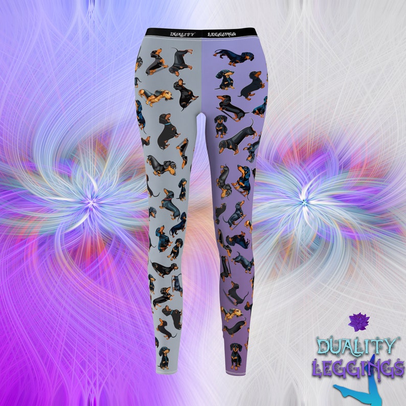 Front view of Duality Leggings with dachshunds illustrations.
The left leg has lilac background, the right leg has grey background.