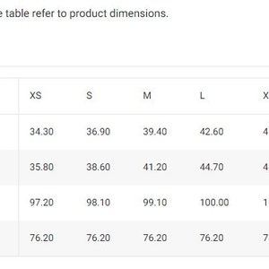 Size guide table in metric system