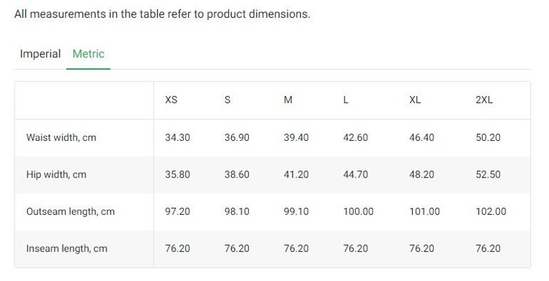 Size guide table in metric system