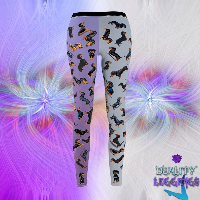 Back view of Duality Leggings with dachshunds illustrations.
The left leg has lilac background, the right leg has grey background.