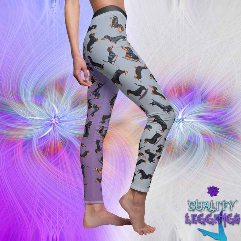Side view of a person wearing Duality Leggings with dachshunds illustrations.
The left leg has lilac background, the right leg has grey background.