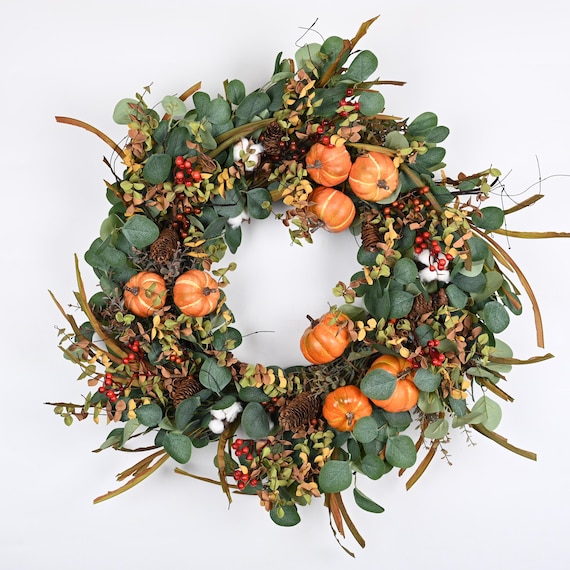 Hbdhejl Couronne De Porte D'Automne Ferme De L'Action De Grâce Couronne D'Automne Citrouille Blanche Et Feuille D'Érable Couronne Pour Décorations De Festival Extérieur Hallo