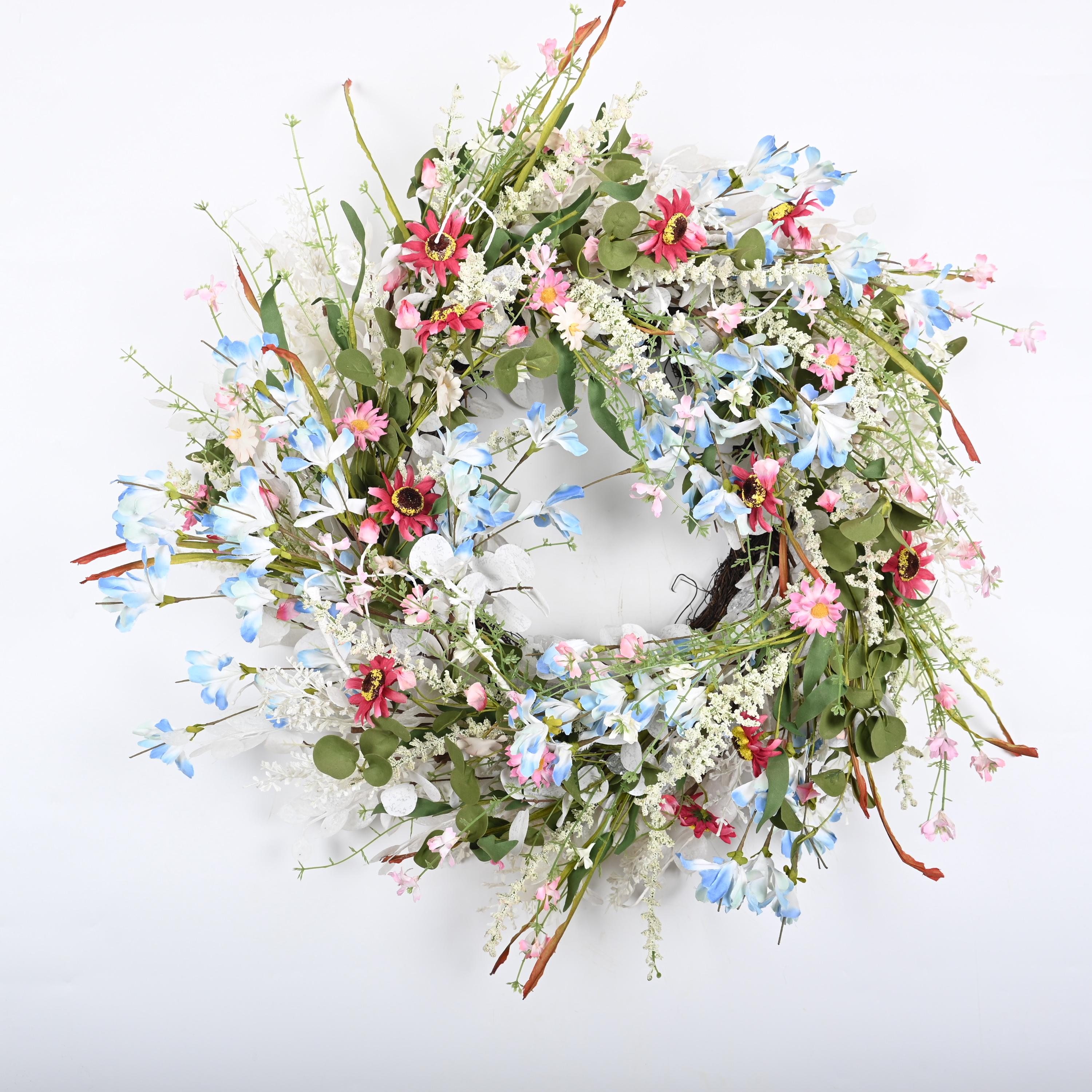 Betoverende krans wilde bloemen en blauwe bloesem – 24-26 inch handgemaakt bloemendecor