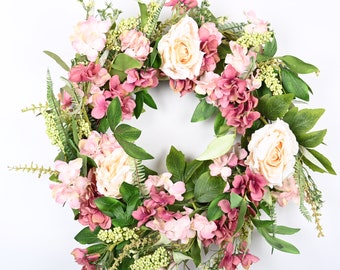 Spring Wreath | 24inch Wreath ｜Hydrangeas and Roses| Home decor | Front door wreath |