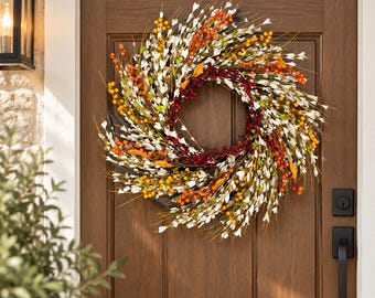 60 cm höstbärskrans för ytterdörren, orange röd och vit höstkrans, handgjord skördekrans, dörrdekoration till Thanksgiving