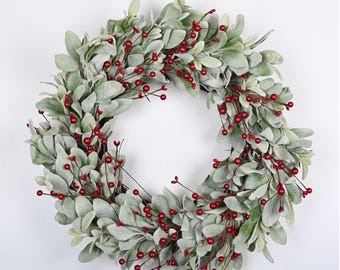 Winter Berry Wreath: Elegant Frosted Green Leaves, Red Berry Accents (24-26-Inch)