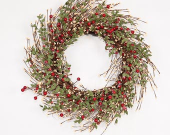 Rustic Red white Berry Branch Wreath| 24in Wreath, front door wreath, all year round,winter wreath, Christmas wreath