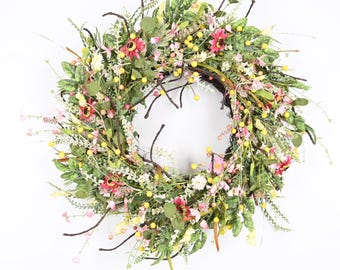 26-Inch Wildflower Spring Wreath – Vibrant Floral Door Decor with Yellow & Pink Accents, spring summer wreath