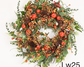 Lush Green Woodland Wreath with Pinecones, pumpkins & Berries – 24Inch, fall wreath, all year round