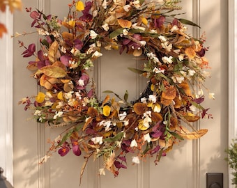 22 Inch Fall Wreath for Front Door, Autumn Floral Wreath, Burgundy Orange Yellow Leaf Wreath, Rustic Thanksgiving Door Decor