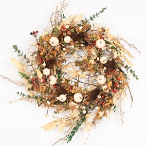 Neutral Fall Wreath with Golden Leaves, pumpkin , Pinecones & Berries – 22–24inch