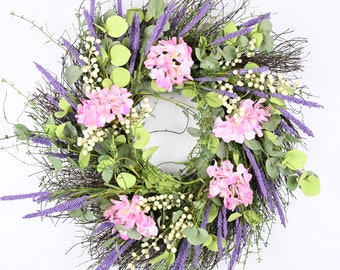 Spring Wreath | 24inch Wreath ｜Lavander Ang Hydrangeas | Home decor | Front door wreath |