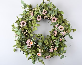 Spring Wreath | 24inch Wreath ｜Berry and Pink Daisy | Home decor | Front door wreath |