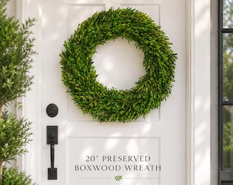 Krans van geconserveerde buxus van 50 cm, echte groene buxuskrans, natuurlijke groene krans, landelijke voordeurkrans, huisdecoratie het hele jaar door