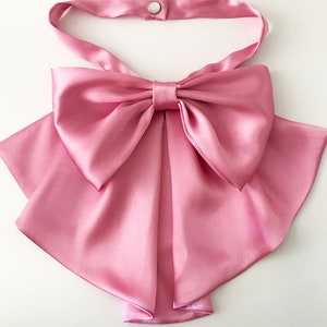 May include: A pink satin bow tie with a large bow and a ruffled collar.