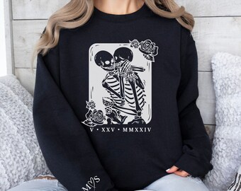 Personalized Goth Bridal Sweatshirt, Gothic Skeleton Halloween Wedding Gift, Custom Bride Sweater With Initials, Wife Roman Numeral Date