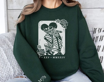 Personalized Goth Bridal Sweatshirt, Gothic Skeleton Halloween Wedding Gift, Custom Bride Sweater With Initials, Wife Roman Numeral Date