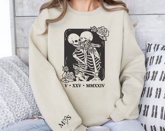 Personalized Goth Bridal Sweatshirt, Gothic Skeleton Halloween Wedding Gift, Custom Bride Sweater With Initials, Wife Roman Numeral Date