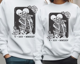 Personalized Goth Bridal Sweatshirt, Gothic Skeleton Halloween Wedding Gift, Custom Bride Sweater With Initials, Wife Roman Numeral Date