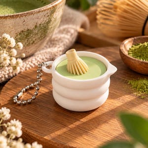 May include: A white, round, ribbed container keyring featuring a light green centre and a small, beige, miniature bamboo whisk attached to the top. The object includes a silver-toned metal ball chain for attachment to keys or bags.