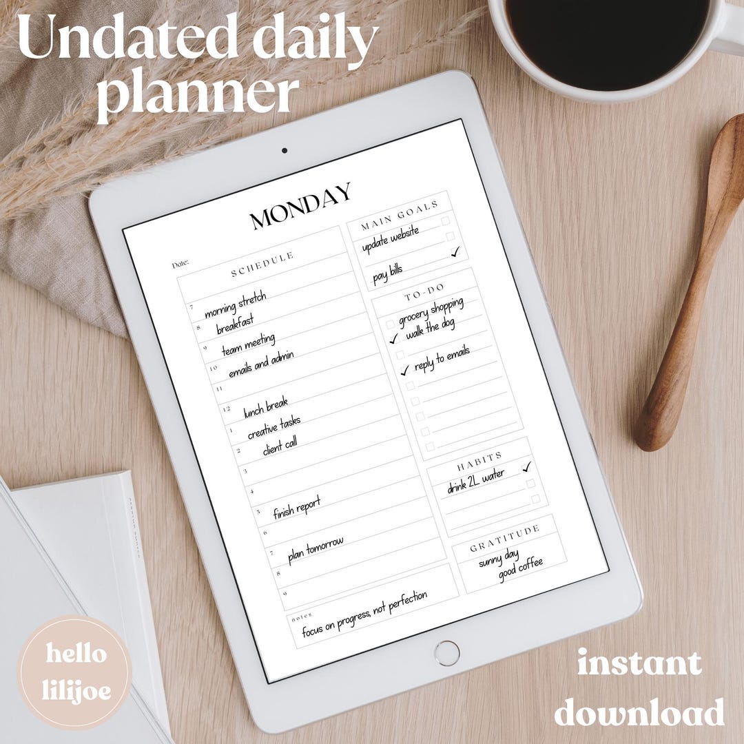 Undated Daily Digital Planner - Printable PDF for Goodnotes, iPad ...