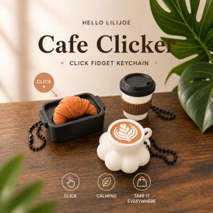Può includere: Una collezione di portachiavi fidget a scatto a tema caffè. I portachiavi includono un croissant in un vassoio nero, una tazza di caffè con una manica marrone e un latte con un design floreale. Il testo "Cafe Clicker" è visibile.