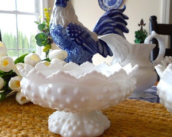 Set of 2 Fenton Hobnail Footed Milk Glass Epergne Candle Flower Bowl