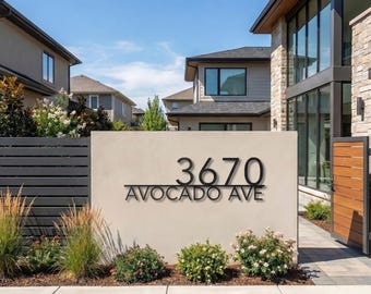 Pode incluir: Uma placa moderna com o endereço 3670 Avocado Ave em letras pretas. A placa está montada em uma parede bege clara, com paisagismo na frente. O céu é azul com algumas nuvens.