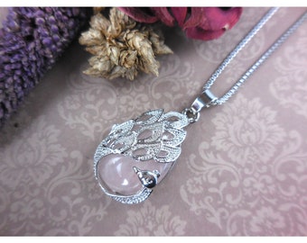 Rose Quartz Cabochon Peacock Silver-Plated & Stainless Steel Necklace