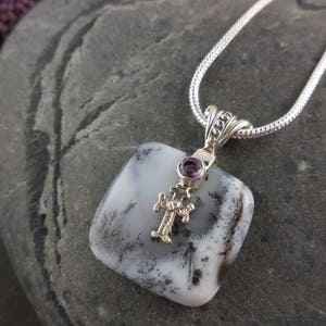 Dendritic opal & amethyst gemstone sterling silver cross necklace