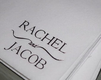 Custom Wedding Beverage Cocktail Napkins Personalized with Couples Name - Choose Design + Colors on High Quality Square Linen Texture Napkin