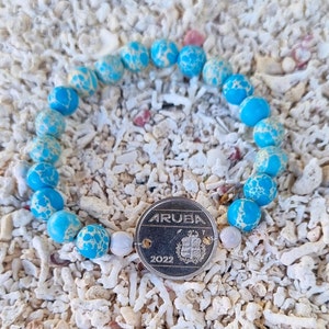 Aruba Coin Bracelet / Real Aruba Florin Coin / Sea Jasper Beads / Caribbean colors / Gift / Souvenir / 25 Cent