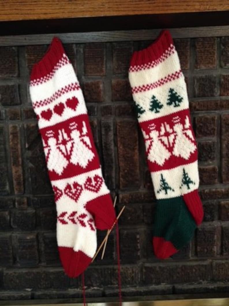 ON SALE PDF Pattern Angels with Trees Christmas Stocking My Design Knitting Pattern Options 2 and 4 needle instructions image 2