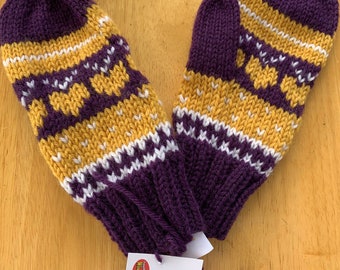 Minnesota Vikings Mittens - Adult - hand knit - Purple and Gold  - fair isle pattern - wool construction - Delivery 2023