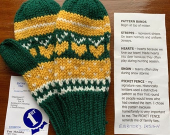 DELIVERY 2024 - Green Bay Packer Mittens - Adult - hand knit - Green and Gold - fair isle pattern - wool construction - choose your color
