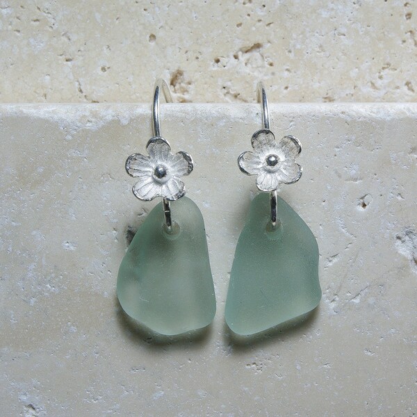 RESERVED - Seafoam Fine Silver Flower - Authentic Sea Glass Earrings