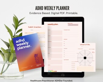 May include: A digital planner designed for people with ADHD. The planner includes a weekly plan, habit tracker, and wheel of life. The planner is available as a digital PDF and is printable.