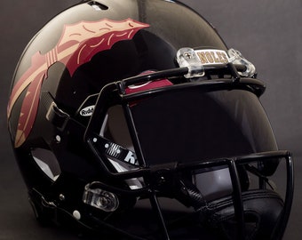 May include: A glossy black football helmet with a maroon and gold Seminole graphic on the side. The helmet has a black facemask, a tinted visor, and the word "NOLES" is visible on the front.