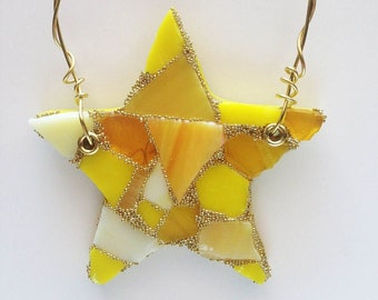 Gold Star Mosaic Ornament Stained Glass Iridescent Metallic Home decor Holiday trim the tree deck the halls wire