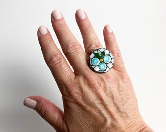 Blueberries Mosaic Ring, Turquoise Ceramic, Stained Glass, Fruit, Coastal Grandmother, Statement Ring, Circle Silver Ring, Handmade Ring
