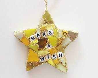 Make a Wish Mosaic Star Ornament Christmas Holiday Decor Yellow Gold Amber Metallic Iridized Letter Beads Glass trim the tree deck the halls