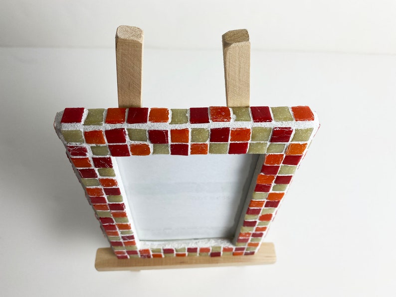 Red, Orange, and Tan Mosaic Picture Frame with Wood Easel made of 3/8 Vitreous Glass Tile image 5