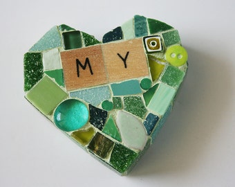 Green Mosaic Heart Paperweight Small Mixed Media My Mine xo Love Valentines Day Bride Wife Stained Glass Smalti wedding anniversary birthday