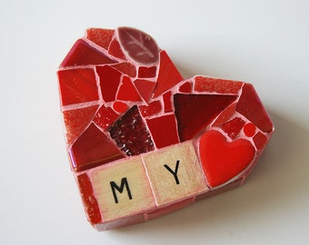 Red Mosaic Heart Paperweight Small Mixed Media xo Love My Mine Valentines Day Wedding Bride Wife Glass Anniversary Engagement Wood letters