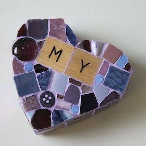 Purple Mosaic Heart Paperweight Small Mixed Media Wood Letters Love Conversation Hearts Glass Home Decor Anniversary Desk Accessory shelf