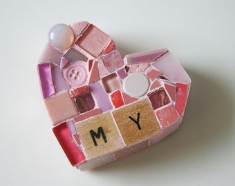 Pink Mosaic Heart Paperweight Small Mixed Media My Mine xo Love Wood Letters Valentines Day galentines wedding glass Conversation Hearts