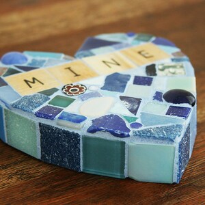 Blue Mosaic Heart Paperweight Large Mixed Media xo My Mine Love Valentines Day galentines Wood Letters glass wedding Conversation Hearts image 3