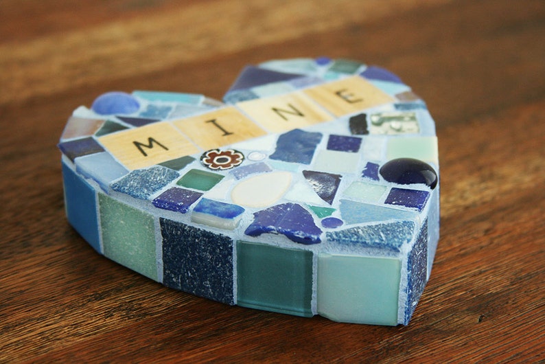 Blue Mosaic Heart Paperweight Large Mixed Media xo My Mine Love Valentines Day galentines Wood Letters glass wedding Conversation Hearts image 3