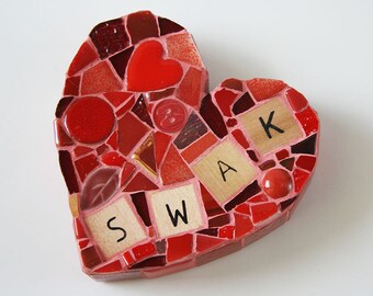 Red Mosaic Heart Paperweight SWAK Large Mixed Media xo Love My Mine Hugs SWAK Valentines Day Wedding Bride Wife Engagement Wedding Birthday